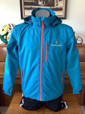 SEABOURN Men's Sz SMALL Full Zip Waterproof JACKET Hooded COAT Alaska Blue NICE
